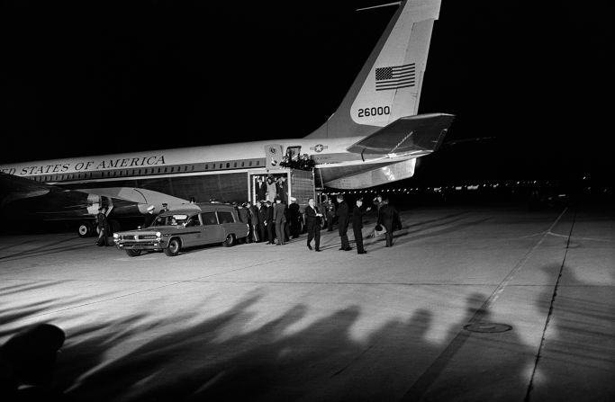 At Andrews Air Force Base outside Washington, the president's casket was offloaded onto an ambulance from SAM 26000, where it had been placed in the rear of the cabin. "The crew didn't want President Kennedy's casket to travel in the cargo hold," said then-flight engineer Joe Chappell on <a href="index.php?page=&url=http%3A%2F%2Fwww.c-spanvideo.org%2Fprogram%2F102647-1http%3A%2F%2Fwww.youtube.com%2Fwatch%3Fv%3D_ZtWB-4s-R4" target="_blank" target="_blank">C-SPAN in 1998</a>. "So they made room for it in the passenger compartment." To create the extra space, Chappell said he helped remove two rows of seats and a separating wall.