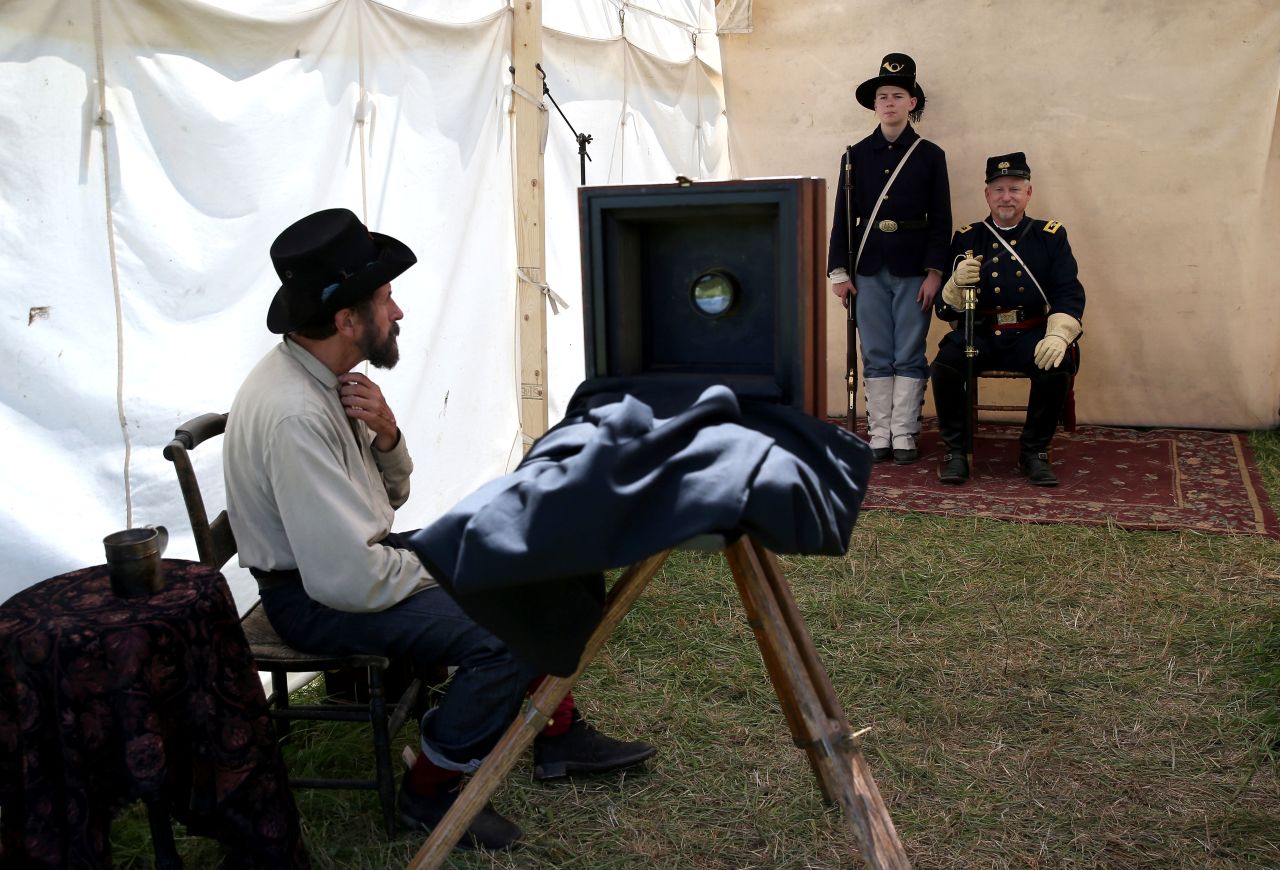 Civil War reenactors pose for a portrait in Gettysburg on June 29.