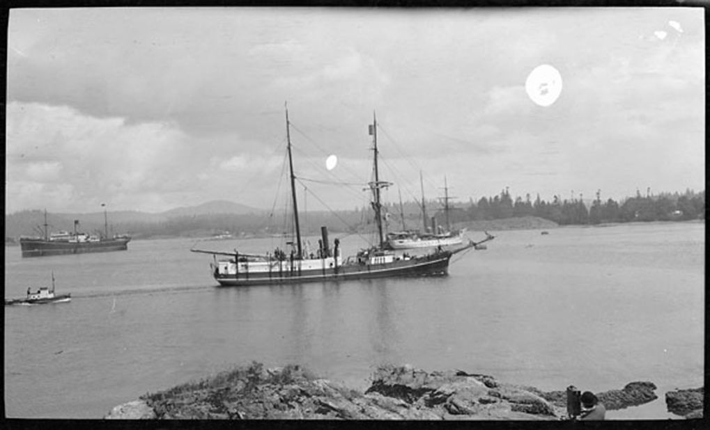 The Karluk was an aging 129-foot whaling ship bought by the Canadian government, seen here Esquimalt Harbor. When the expedition weighed anchor in Nome, Alaska, McConnell wrote to his sweetheart how thrilling it was to embark on the trip.