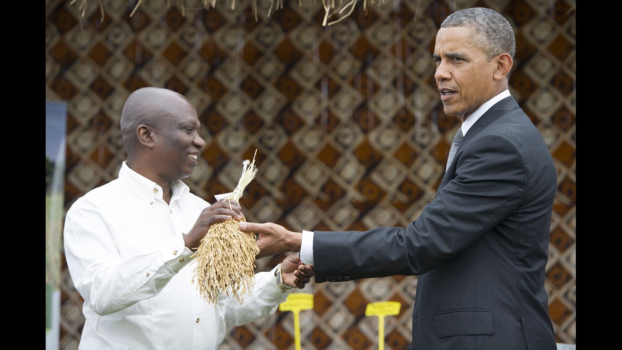 Obama shows the White House press corps what rice looks like before it's threshed on June 28 in Dakar.