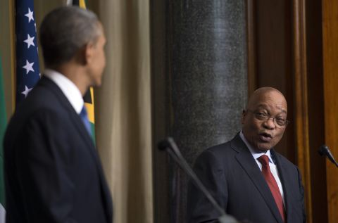 Obama and Zuma speak during a press conference at the Union Buildings in Pretoria, South Africa, on June 29.