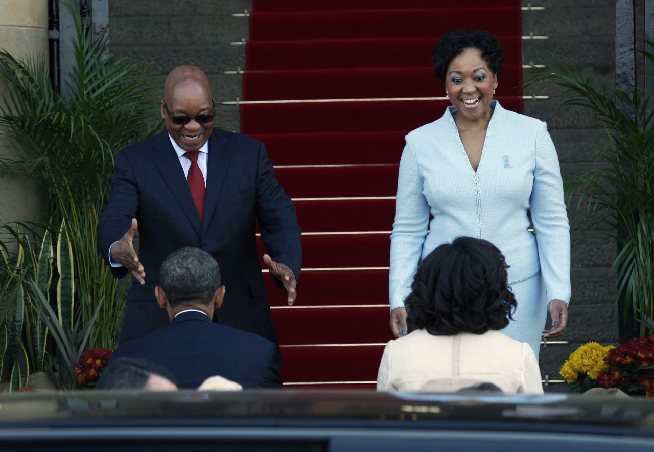 Obama, foreground left, and first lady Michelle Obama, beside him, are greeted by South African President Jacob Zuma and his wife, Tobeka Madiba Zuma, on the steps of the Union Buildings upon their arrival in Pretoria, South Africa, on Saturday June 29.