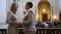 Sandy Stier, left, exchanges wedding vows with Kris Perry during a ceremony presided by California Attorney General Kamala Harris at City Hall in San Francisco, Friday,  June 28, 2013. Stier and Perry, the lead plaintiffs in the U.S. Supreme Court case that overturned California's same-sex marriage ban, tied the knot about an hour after a federal appeals court freed same-sex couples to obtain marriage licenses for the first time in 4 1/2 years. (AP Photo/Marcio Jose Sanchez)