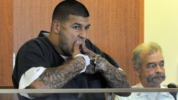 Hernandez appears uring a bail hering on June 27 in Fall River Suerior Court Thursday in Fall River, Massachusetts.  He was denied bail.
