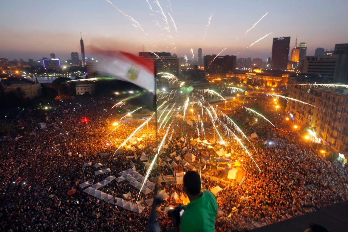 Morsy's opponents say his policies are to blame for a breakdown in law and order, for an economy that's gone south, and for a gas shortage that has Egyptians waiting at the pumps for hours. Here, protestors fill the streets of Cairo on June 30.