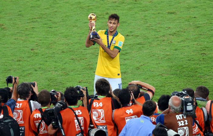 Neymar of Brazil celebrates scoring his team's second goal in its 3-0 victory over Spain in the final of the Confederations Cup.