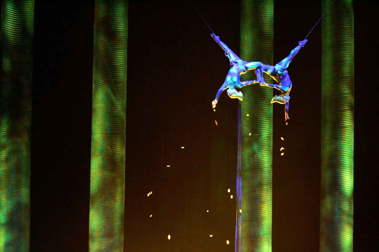 In a November 2008 performance, Sarah Guillot-Guyard , left, and Sami Tiaumassi play "Forest People" during Cirque du Soleil's "Ka" at MGM Grand Resort in Las Vegas. Guillot-Guyard, 31, who was part of the original show cast, fell during the show finale on Saturday, June 29, and was pronounced dead shortly after.