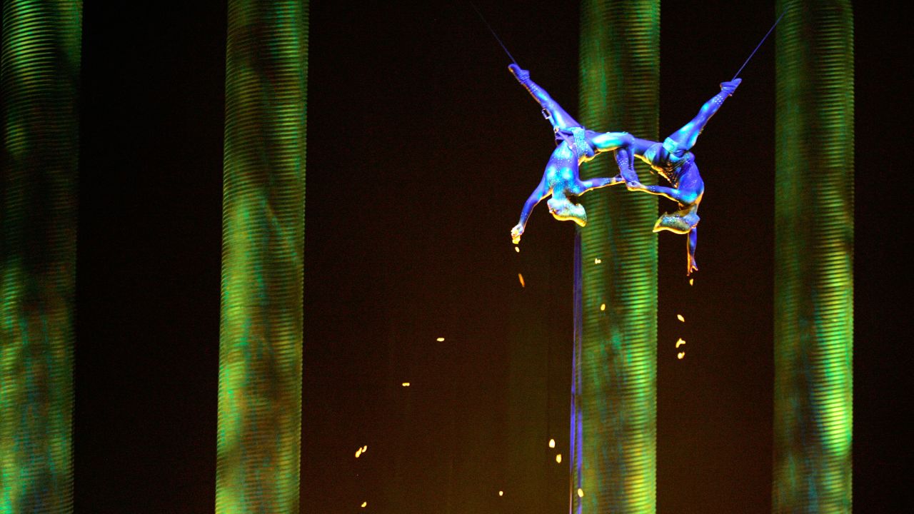 In this Nov. 28, 2008, photo, Sarah Guyard-Guillot, left, and Sami Tiaumassi perform as "Forest People" during Cirque du Soleil's "Ka" at MGM Grand Resort in Las Vegas. Guyard-Guillot died in June 2013 after falling from the show's stage during a performance.