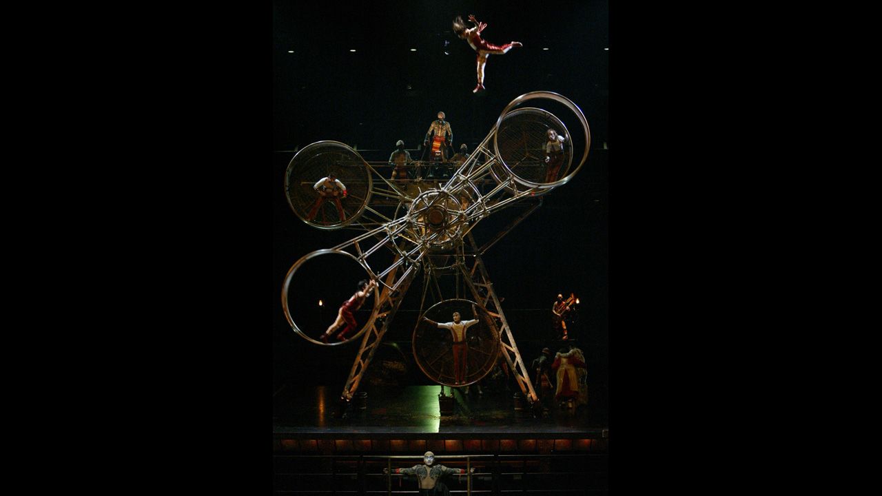 The Alegria brothers from Mexico perform the wheel of death during the show in February 2005.