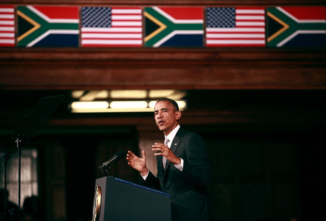Obama delivers a speech at the University of Cape Town in Cape Town, South Africa, on June 30.