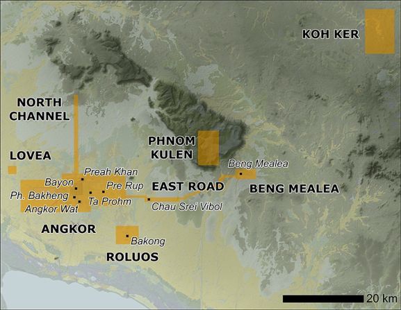 The yellow sections of this map detail where the aerial LiDAR surveys were carried out in Cambodia's Siem Reap area. Lasers send out a million pulses every four seconds to record data, technology that's forever changed how archaeologists work.<br />