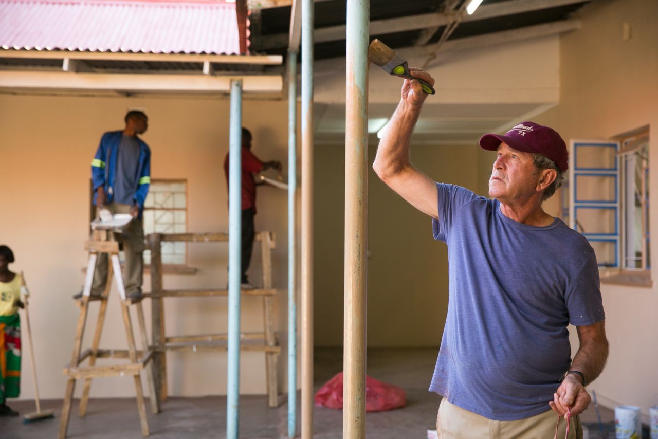 For two days, former President George W. Bush and first lady Laura Bush worked alongside Zambians, U.S. embassy officials and the Bush Institute staff to renovate the Mosi Oa Tuny Clinic. It will serve as a cervical cancer screening and treatment center in Livingstone, Zambia, continuing the global health initiative at the George W. Bush Institute. Above, Bush does some touch-up work. Click through the gallery for more pictures from their June 29-30 visit: