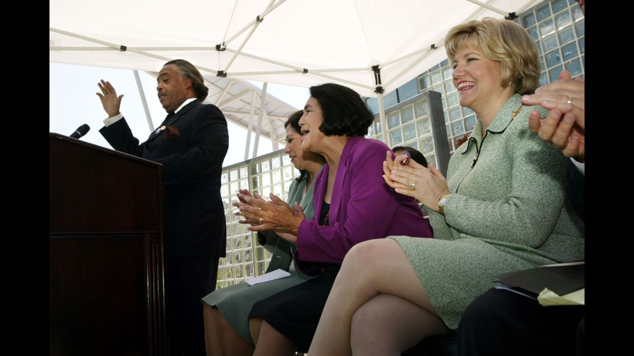 Huerta sits in 2003 with California first lady Sharon Davis, right, and Rep. Hilda L. Solis as democratic presidential hopeful the Rev. Al Sharpton speaks at a media conference at California State University in Los Angeles.