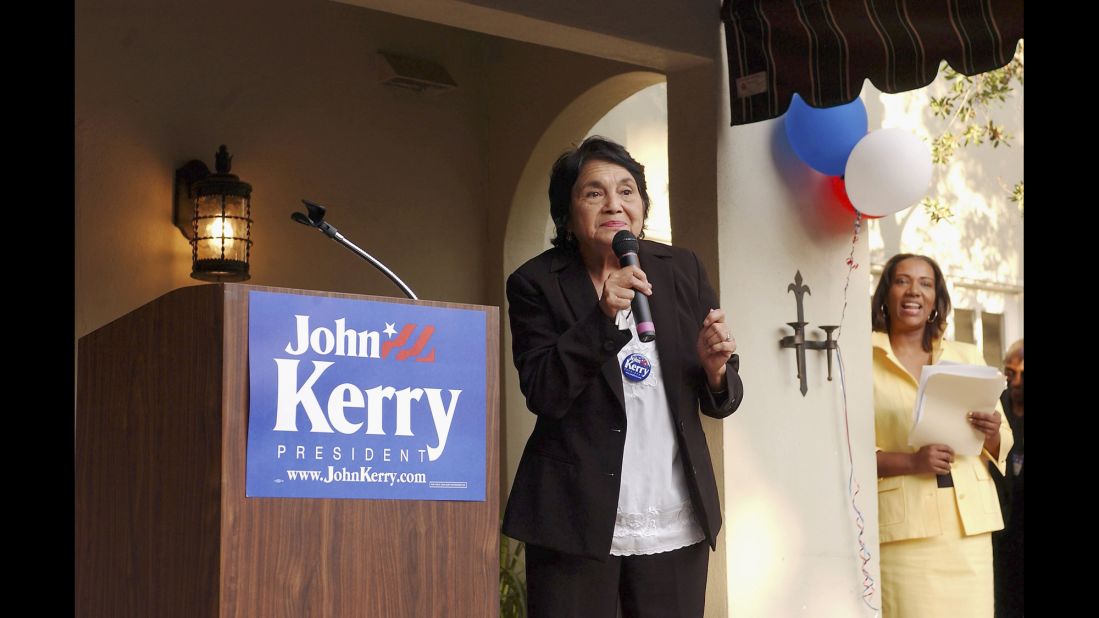 Huerta gives a speech at the "Lift Ev'ry Vote" Hollywood fundraiser for Democratic presidential frontrunner John Kerry on May 22, 2004, at the home of Michael Keegan in Los Angeles. 