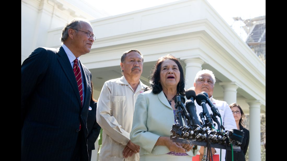 Huerta speaks alongside United Farm Workers President Arturo Rodriguez, as well as Fernando Chavez and Paul Chavez, sons of civil rights activist Cesar Chavez outside the White House on March 31, 2010. President Barack Obama signed a proclamation designating March 31 as Cesar Chavez Day