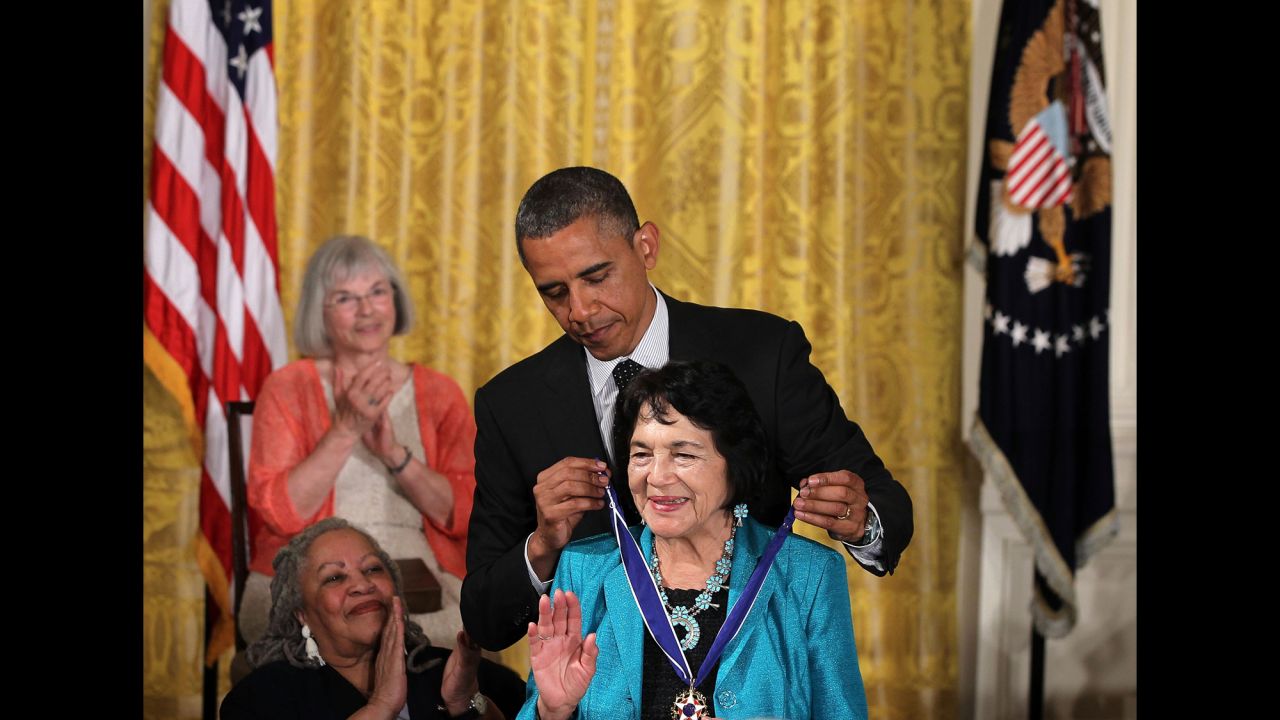 President Obama presents Huerta with a Presidential Medal of Freedom in the East Room of the White House on May 29, 2012.