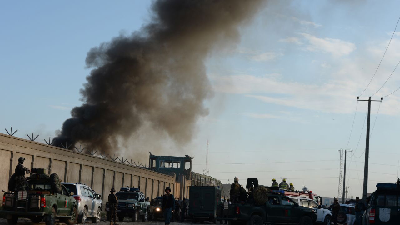 The entrance gate of a foreign logistics company that was the site of a suicide attack in Kabul on Tuesday.