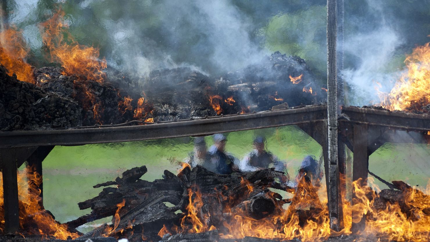 Authorities in Myanmar burn drugs seized across the country for a ceremony against drug abuse and trafficking last month.