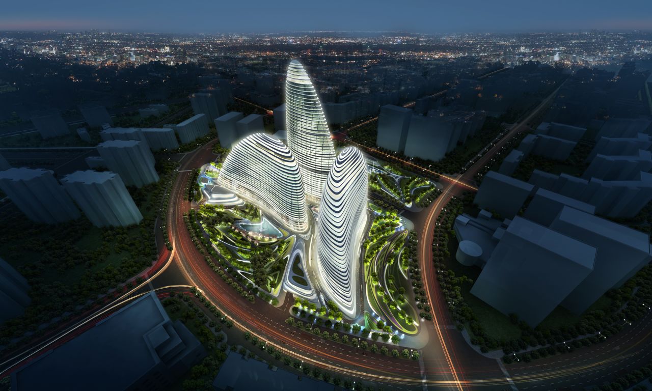 The design of SOHO Peaks, by architect Zaha Hadid, is based on Chinese fans that circle and embrace each other. 
