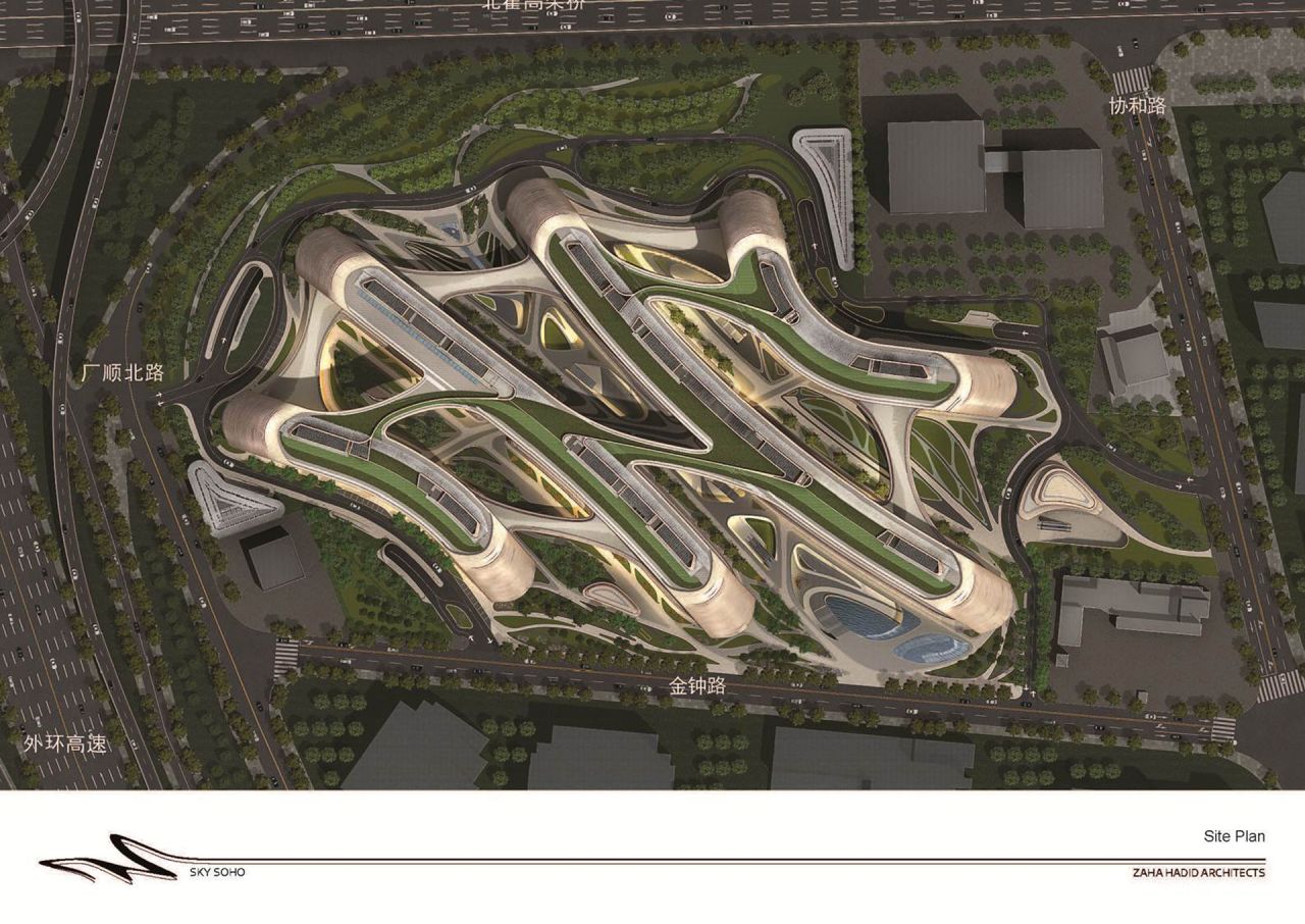 Sky SOHO, due for completion this year, is a third development designed by architect Zaha Hadid, this time in Shanghai. The design is based on calligraphy.