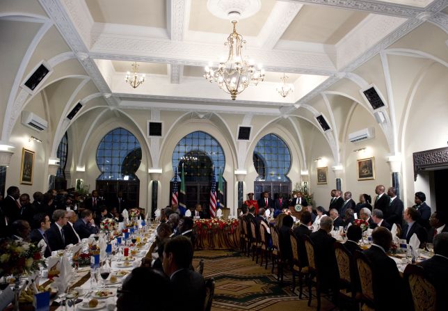 Tanzanian President Jakaya Kikwete toasts Obama during an official dinner at the State House in Dar Es Salaam on July 1.