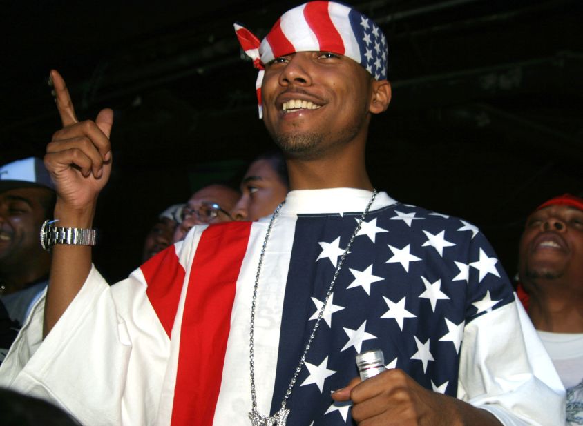 Juelz Santana makes his allegiance clear while attending an album release party for rapper Jim Jones in 2004 in New York.