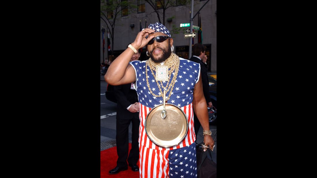 Mr. T of "The A-Team" fame accessorizes his star-spangled jumpsuit in honor of NBC's 75th anniversary celebration in May 2002.