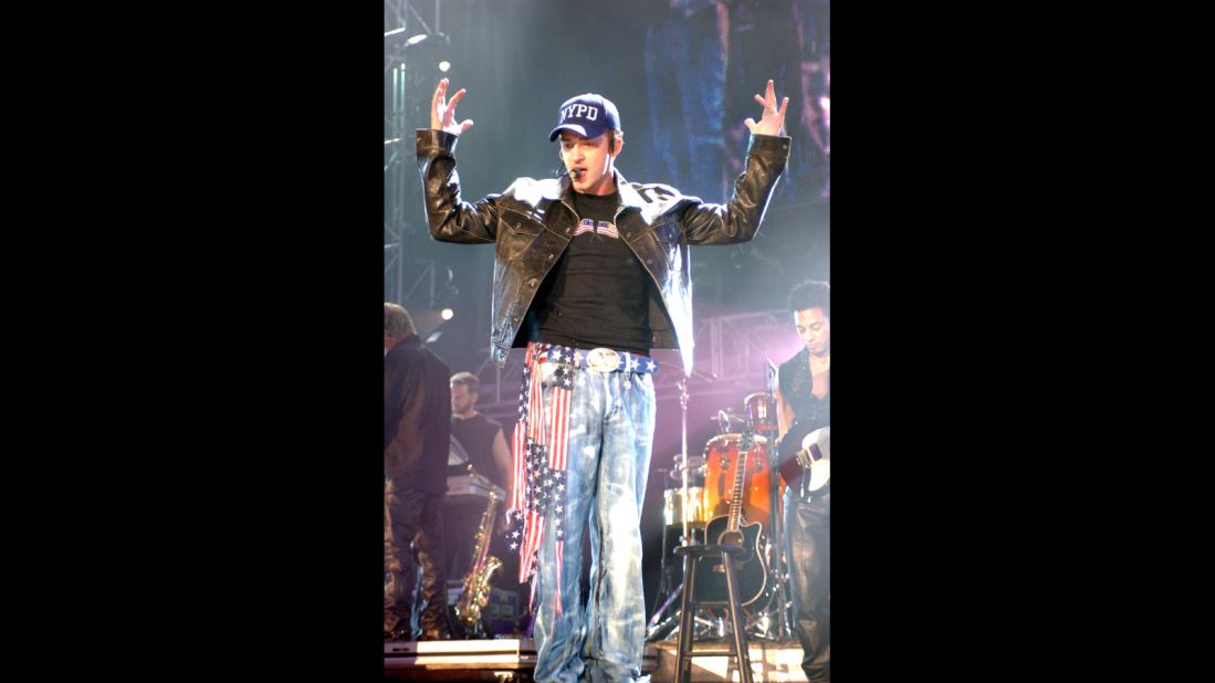 Justin Timberlake's flag-inspired denim is for a good cause as part of the October 2001 United We Stand concert, a tribute to the victims of 9/11. 