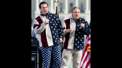The stars and stripes are in abundance for Stephen Colbert and Jon Stewart's "Rally to Restore Sanity and/or Fear" at the National Mall in Washington in October 2010.