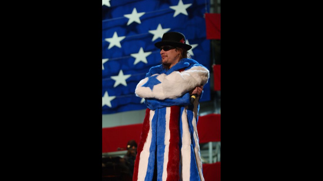Kid Rock doesn't break a sweat in a star-spangled fur coat at Ramstein Air Base in Germany in 2001.