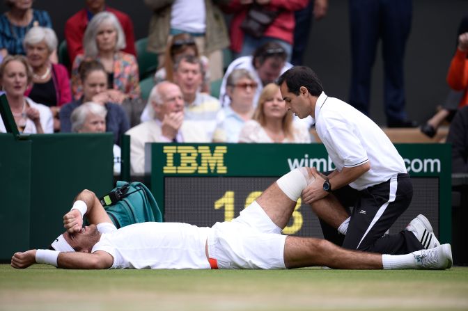 Juan Martin Del Potro's bid to reach the semifinal began in the worst possible fashion as he slipped on the Wimbledon surface early on during his last eight clash with David Ferrer. The Argentine required treatment to his left knee but bounced back to win 6-2 6-4 7-6. 