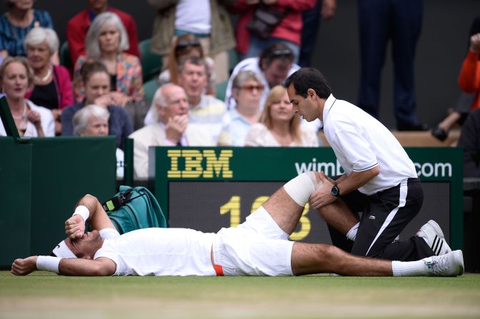 Juan Martin Del Potro's bid to reach the semifinal began in the worst possible fashion as he slipped on the Wimbledon surface early on during his last eight clash with David Ferrer. The Argentine required treatment to his left knee but bounced back to win 6-2 6-4 7-6.
