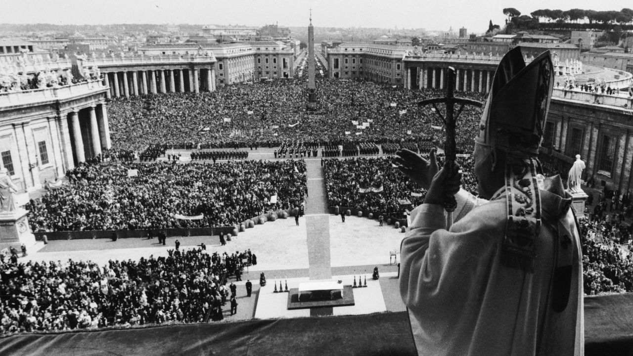 Pope John Paul II blesses the crowd in St. Peter's Square in Vatican City on Easter Sunday in April 1980.