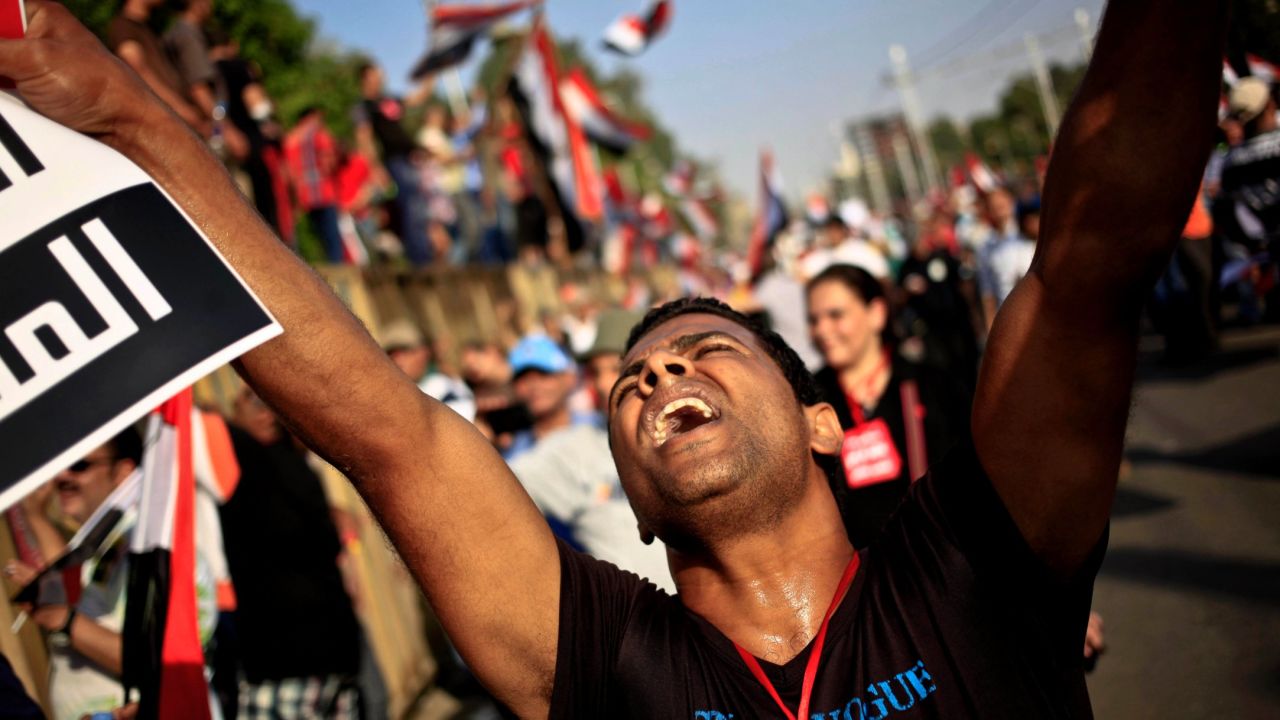 An opponent of Morsy chants slogans during a protest outside the presidential palace in Cairo on July 3.