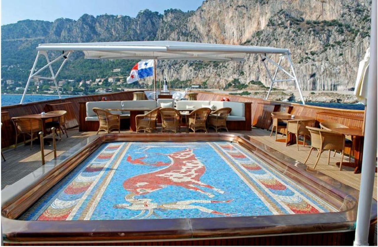 In 2001, the tired-looking vessel was restored to her former glory, and now boasts a mosaic top deck pool which can be converted into a dance floor.