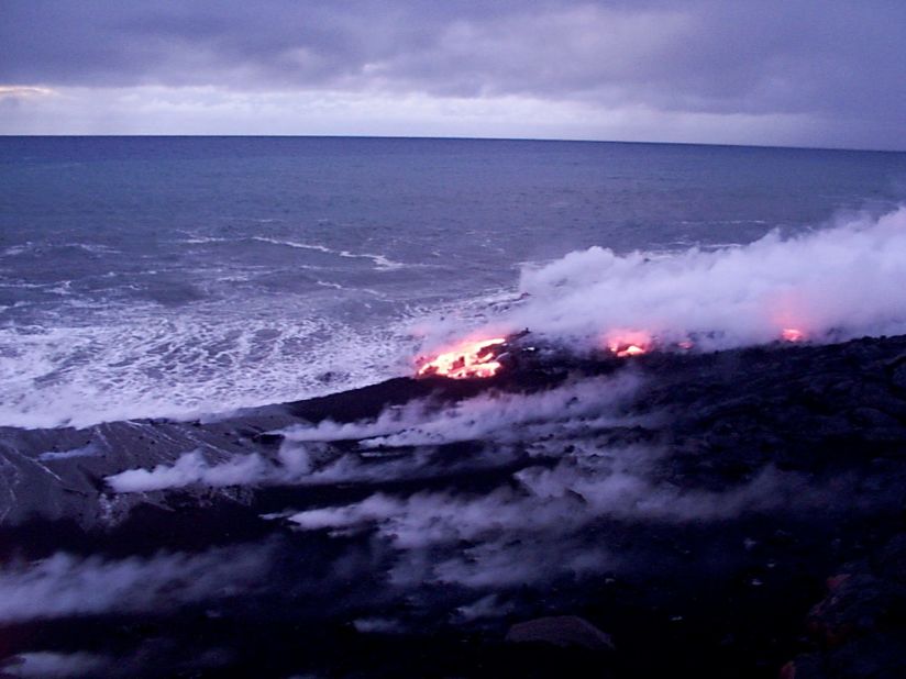 Lava flows into the ocean from Kilauea, the youngest of the volcanoes on Hawaii's Big Island.