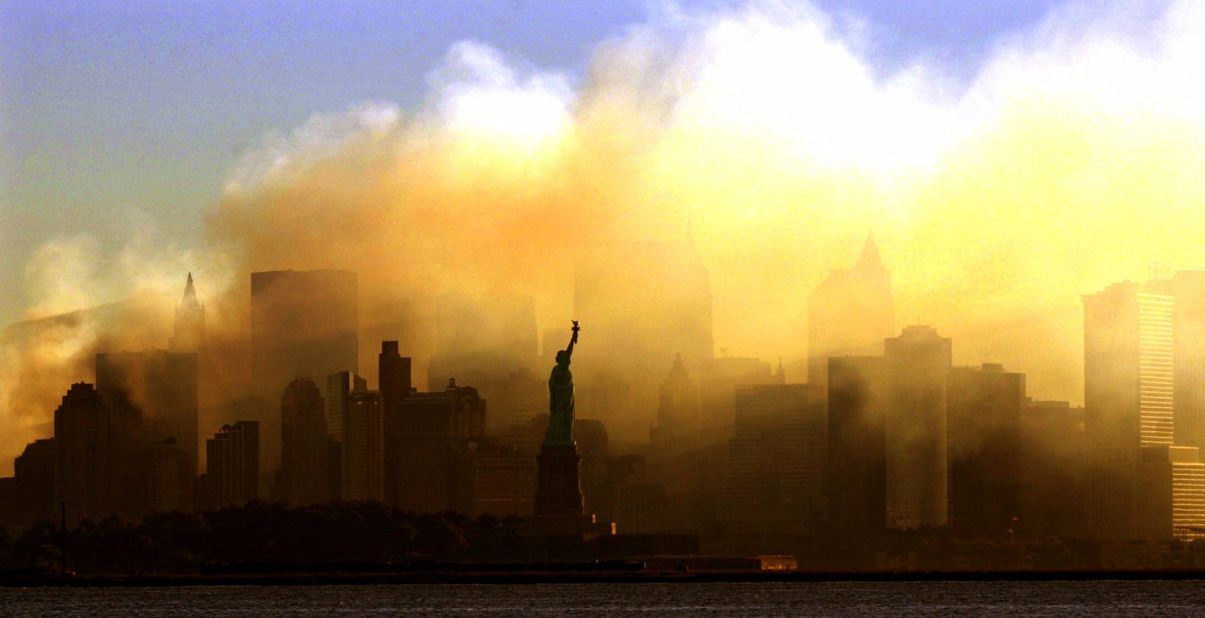 The Statue of Liberty is shrouded in smoke on September 15, 2001, four days after the terrorist attacks on the World Trade Center.