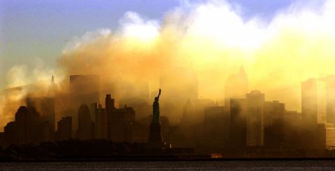 The Statue of Liberty is shrouded in smoke on September 15, 2001, four days after the terrorist attacks on the World Trade Center.