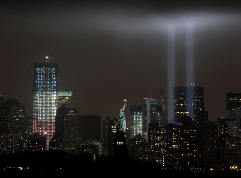 A memorial that echoes the shape of the World Trade Center towers is illuminated on the 10th anniversary of the September 11 attacks.