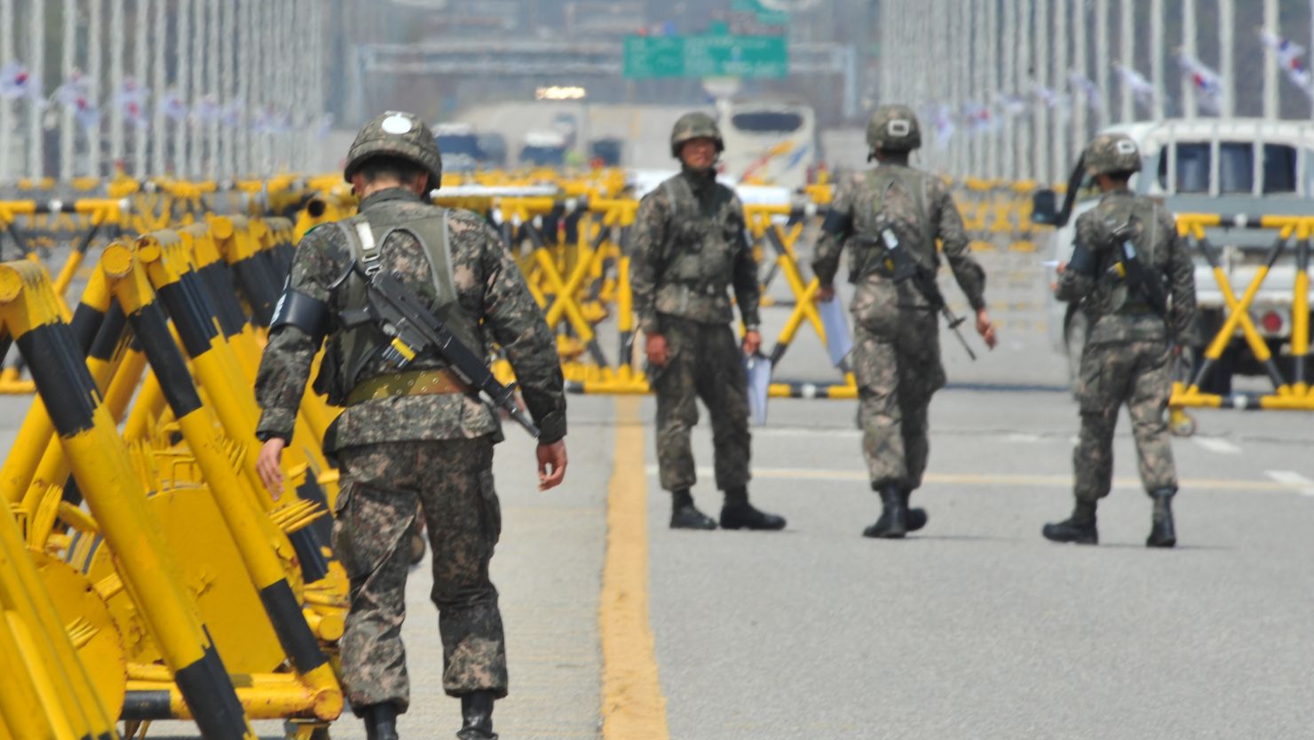 South Korean troops work a checkpoint on the road leading to North Korea's Kaesong complex in this file photo.