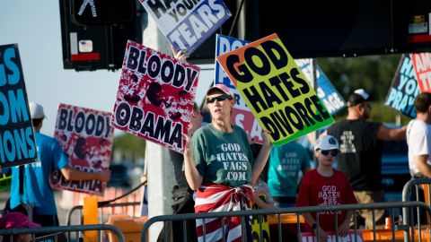 Members of the Westboro Baptist Church (pictured above at a previous protest) attempted to protest at the University of Missouri, but were blocked by a human wall of students. 