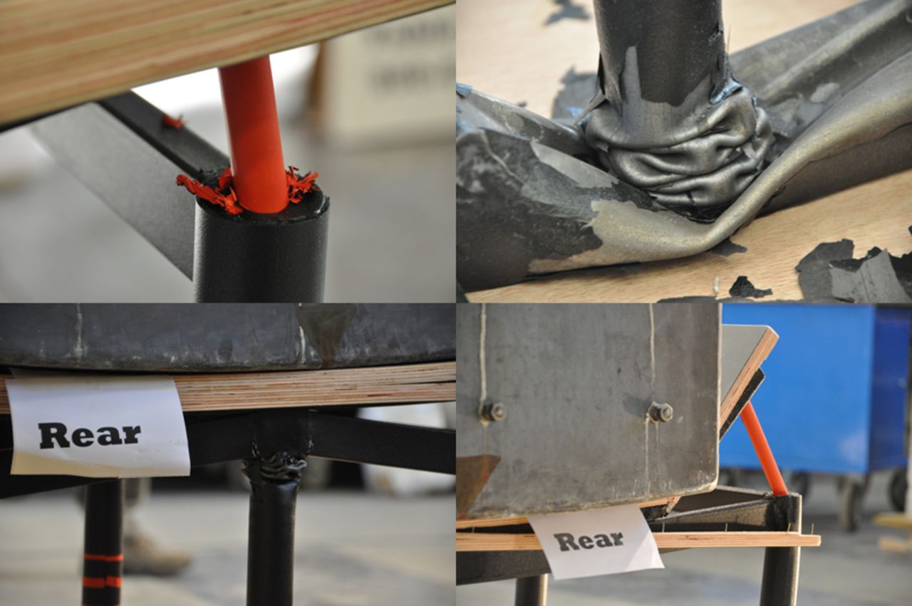 The earthquake-proof table "transforms energy and absorbs it," says Brutter. "When something falls on the table it absorbs the object's energy, and debris is forced to the side."