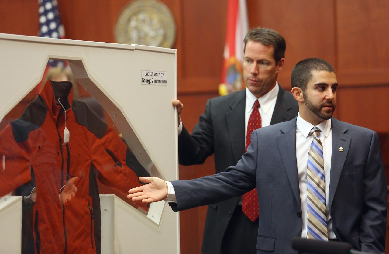 Gorgone points to a jacket worn by Zimmerman on the night of the shooting. Multiple stains on Zimmerman's jacket tested positive for Zimmerman's DNA. At least two stains from the jacket tested positive for a mixture of DNA that included Martin's DNA.