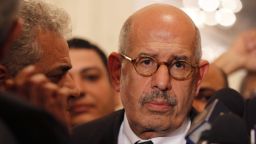 (FILES) - A file picture shows Egyptian opposition leader and Nobel Prize laureate Mohamed ElBaradei leaving at the end of a joint press conference on November 22, 2012, in Cairo. Opposition leader Mohamed ElBaradei and the heads of the Coptic Church and Al-Azhar -- Sunni Islam's highest seat of learning -- will on July 4, 2013 unveil an army roadmap for Egypt's future after President Mohamed Morsi, state television said. Mohamed Morsi, who was ousted by the army on Wednesday after a week of bloodshed and massive protests, insisted he remained Egypt's president in an amateur video recording posted on the Internet. AFP PHOTO / STRINGERSTRINGER/AFP/Getty Images