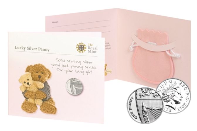 The silver penny will be dated 2013 and come in a pink pouch for a girl...