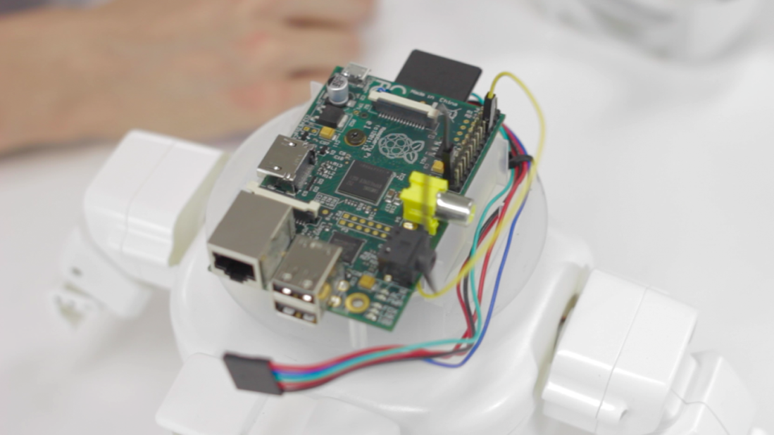 Rapiro is powered by Raspberry Pi - a credit-card sized computer that plugs into TVs and keyboards. It works alongside Rapiro, allowing the bot to fulfil tasks such as telling the weather. 