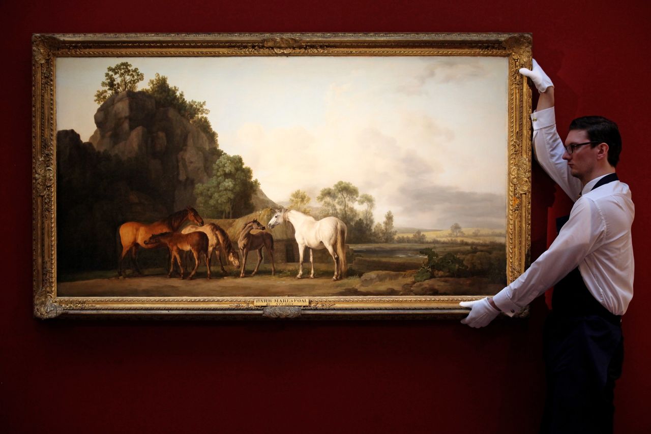 Stubbs' "Mares and Foals in a River Landscape" was finished in 1767. Stubbs was a keen anatomical  illustrator before his move into painting -- allowing him to capture accurate portraits of horses with a vigor which escaped many of his contemporaries.