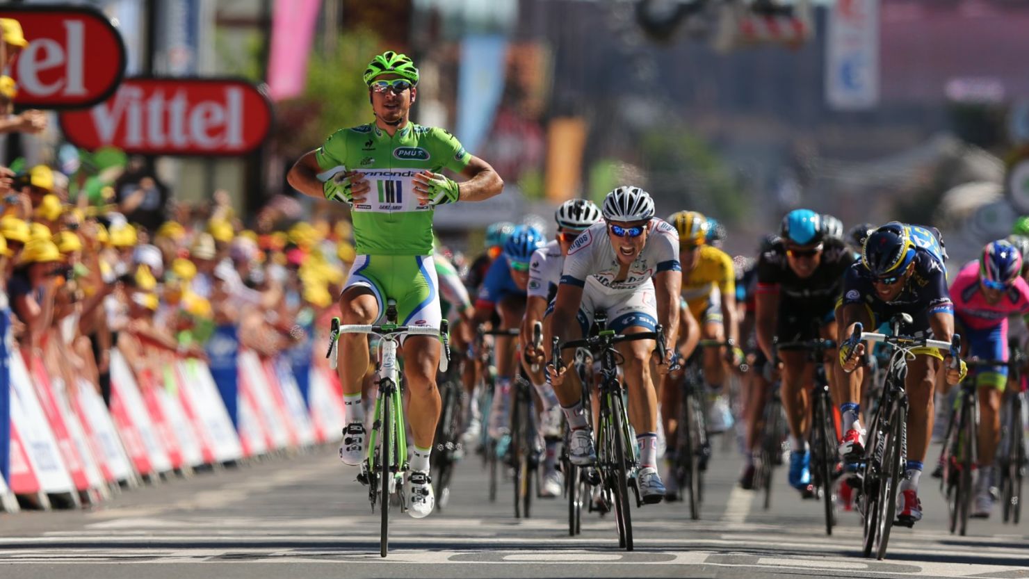 Peter Sagan has time to sit up as he takes the seventh stage of the Tour de France in Albi.