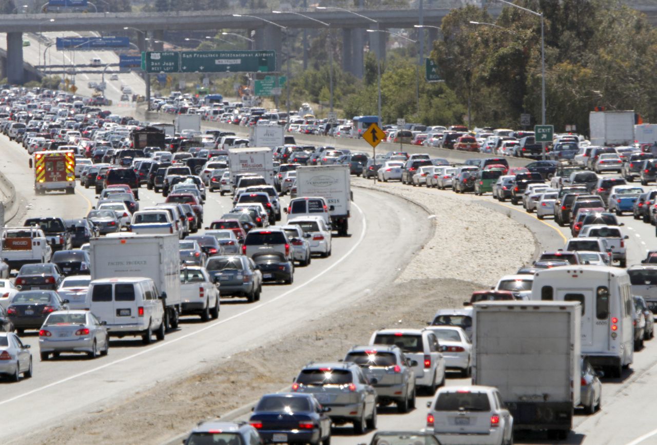 Traffic backs up on U.S. Route 101 South in San Francisco on July 6. The Bay Area airport was closed to incoming and departing traffic after the crash, according to the Federal Aviation Administration.
