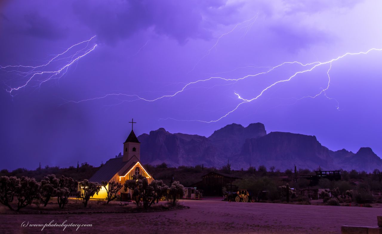 Storm chaser <a href="http://ireport.cnn.com/docs/DOC-1001516">Stacy LeClair</a> got this shot during a severe storm that swept through Apache Junction, Arizona, on July 7. "The Superstition Mountains are a favorite landmark in Arizona, and the church offered a unique background for showing how powerful nature can be," she said. 